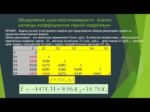 Обнаружение мультиколлинеарности. Анализ матрицы коэффициентов парной корреляции ПРИМЕР. Задача состоит в построении