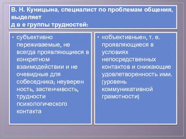 В. Н. Куницына, специалист по проблемам общения, выделяет д в е группы