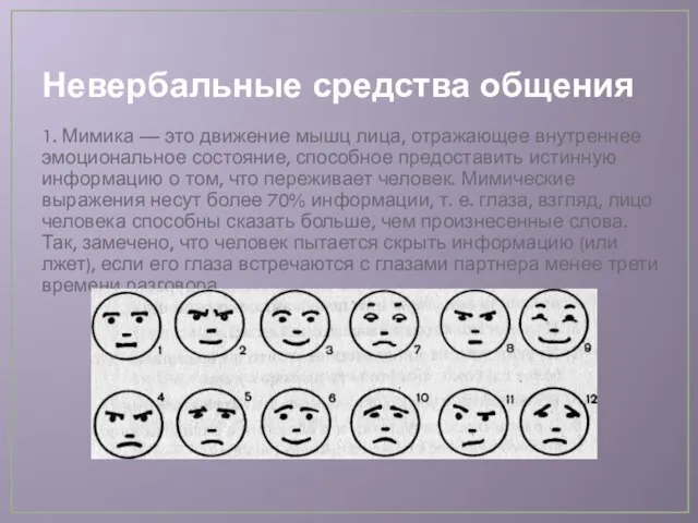 Невербальные средства общения 1. Мимика — это движение мышц лица, отражающее внутреннее