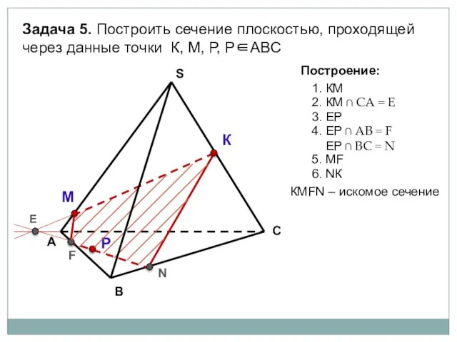 А В С S Задача 5. Построить сечение плоскостью, проходящей через данные