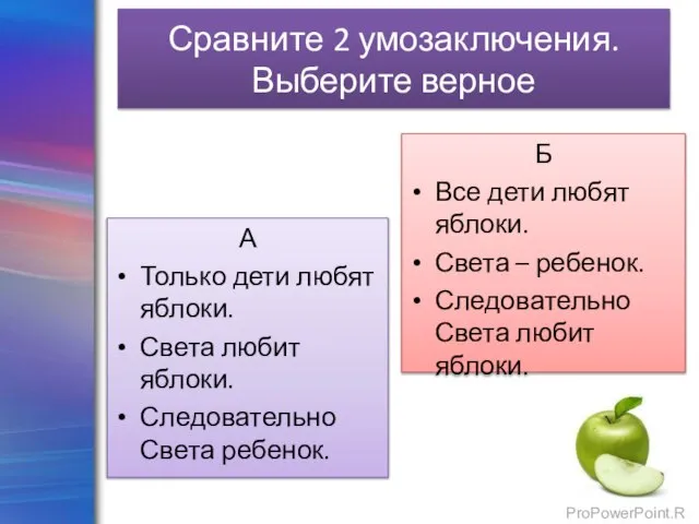 Сравните 2 умозаключения. Выберите верное А Только дети любят яблоки. Света любит