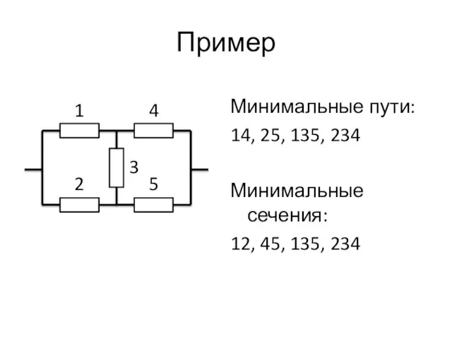 Пример Минимальные пути: 14, 25, 135, 234 Минимальные сечения: 12, 45, 135,