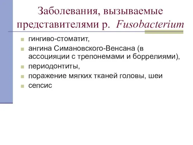 Заболевания, вызываемые представителями р. Fusobacterium гингиво-стоматит, ангина Симановского-Венсана (в ассоцияции с трепонемами