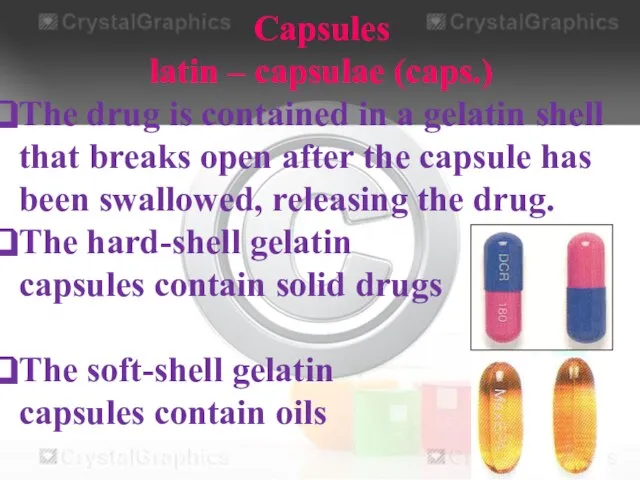 Capsules latin – capsulae (caps.) The drug is contained in a gelatin