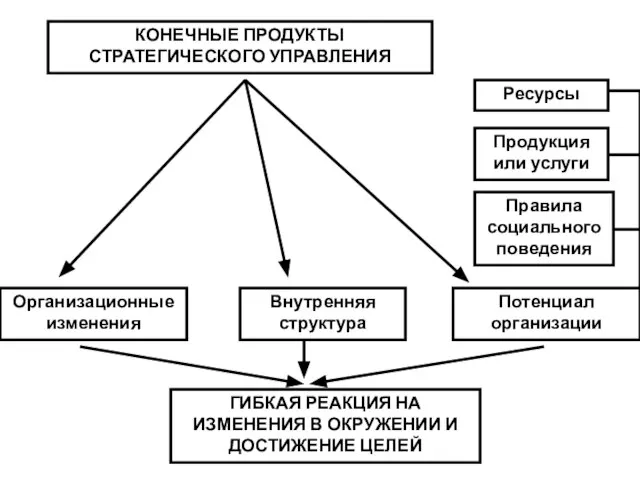 КОНЕЧНЫЕ ПРОДУКТЫ СТРАТЕГИЧЕСКОГО УПРАВЛЕНИЯ Потенциал организации Внутренняя структура Организационные изменения Ресурсы Продукция