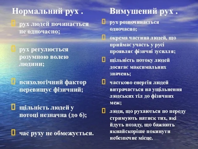 Нормальний рух . Вимушений рух . рух людей починається не одночасно; рух