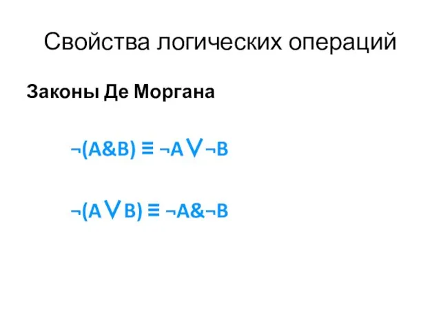Свойства логических операций Законы Де Моргана ¬(A&B) ≡ ¬A∨¬B ¬(A∨B) ≡ ¬A&¬B