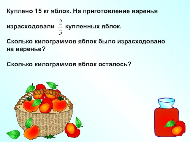 Куплено 15 кг яблок. На приготовление варенья израсходовали купленных яблок. Сколько килограммов