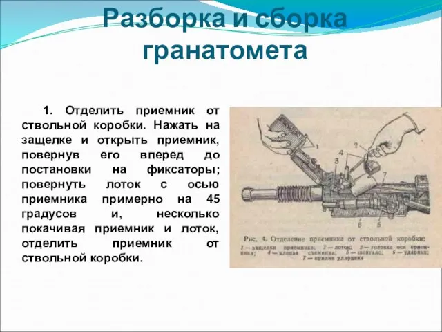 Разборка и сборка гранатомета 1. Отделить приемник от ствольной коробки. Нажать на