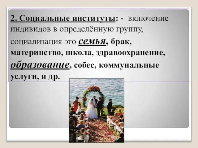 2. Социальные институты: - включение индивидов в определённую группу, социализация это семья,