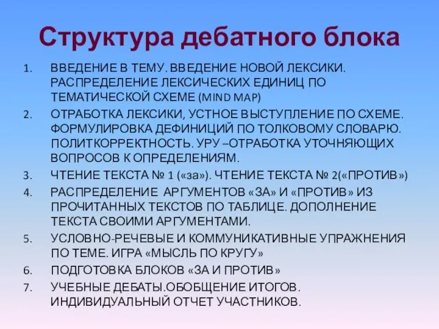 Структура дебатного блока ВВЕДЕНИЕ В ТЕМУ. ВВЕДЕНИЕ НОВОЙ ЛЕКСИКИ.РАСПРЕДЕЛЕНИЕ ЛЕКСИЧЕСКИХ ЕДИНИЦ ПО