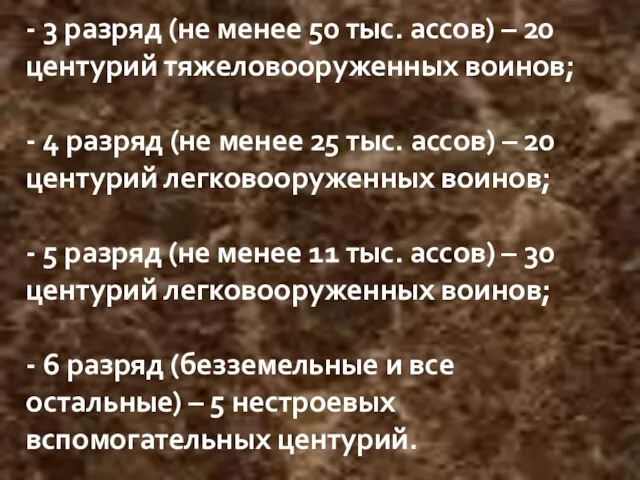 - 3 разряд (не менее 50 тыс. ассов) – 20 центурий тяжеловооруженных