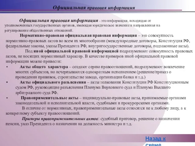 Официальная правовая информация – это информация, исходящая от уполномоченных государственных органов, имеющая