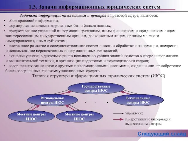 1.3. Задачи информационных юридических систем Задачами информационных систем и центров в правовой