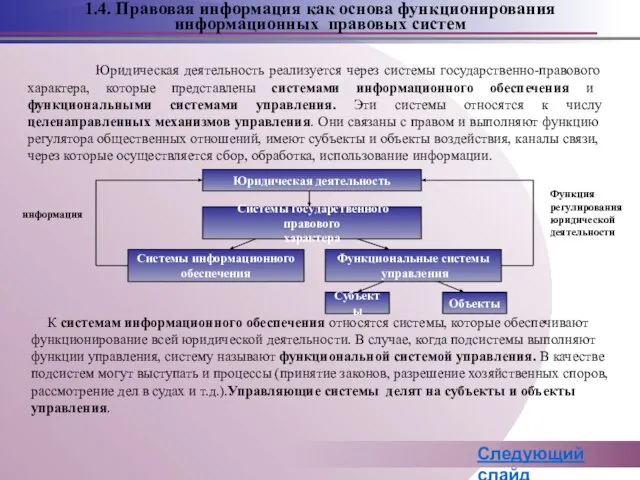 Юридическая деятельность реализуется через системы государственно-правового характера, которые представлены системами информационного обеспечения