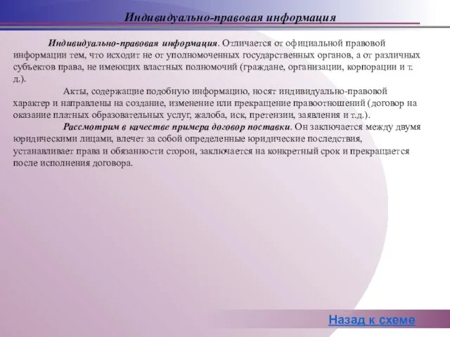 Индивидуально-правовая информация. Отличается от официальной правовой информации тем, что исходит не от