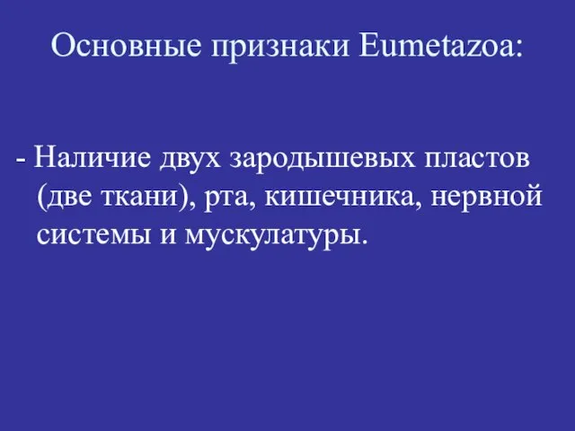 Основные признаки Eumetazoa: - Наличие двух зародышевых пластов (две ткани), рта, кишечника, нервной системы и мускулатуры.