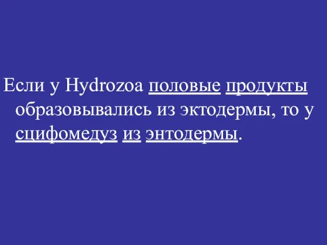 Если у Hydrozoa половые продукты образовывались из эктодермы, то у сцифомедуз из энтодермы.