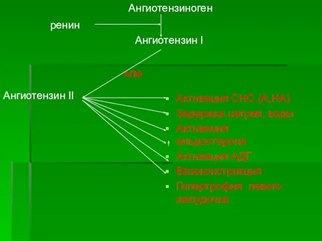 ренин Ангиотензиноген Ангиотензин II Активация СНС (А,НА) Задержка натрия, воды Активация альдостерона