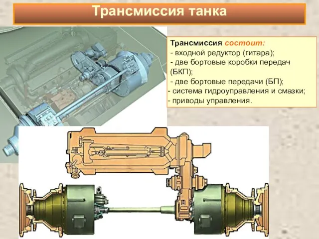 Трансмиссия состоит:: - входной редуктор (гитара); - две бортовые коробки передач (БКП);