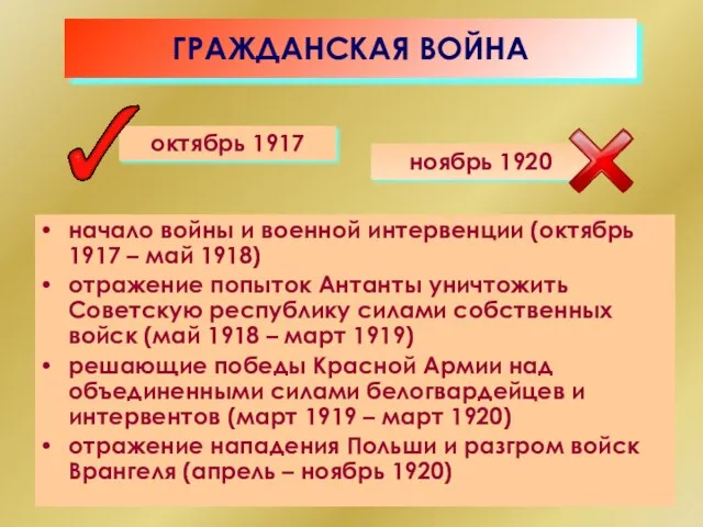 ГРАЖДАНСКАЯ ВОЙНА октябрь 1917 ноябрь 1920 начало войны и военной интервенции (октябрь