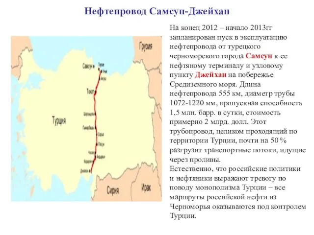 Нефтепровод Самсун-Джейхан На конец 2012 – начало 2013гг запланирован пуск в эксплуатацию