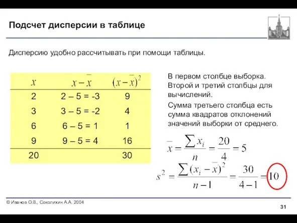 Подсчет дисперсии в таблице Дисперсию удобно рассчитывать при помощи таблицы. В первом