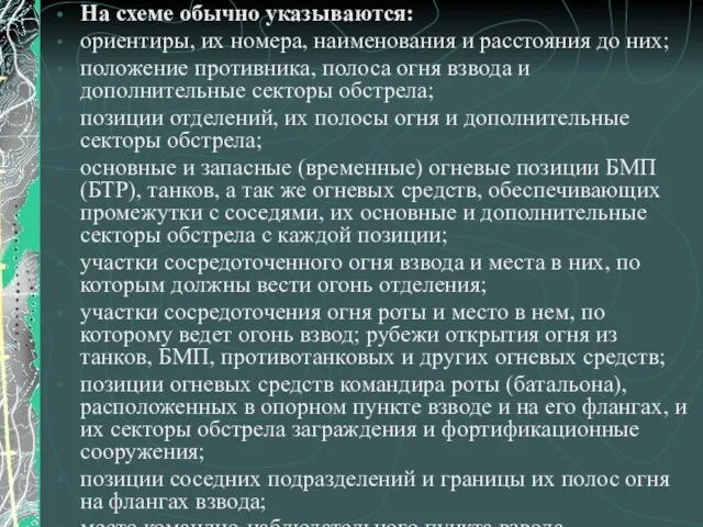 На схеме обычно указываются: ориентиры, их номера, наименования и расстояния до них;