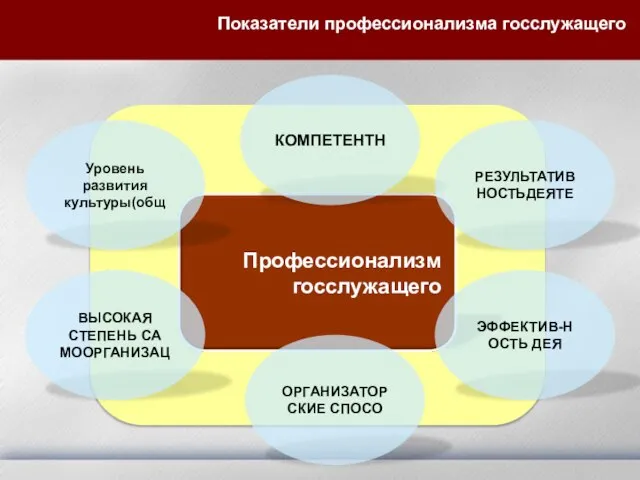 Показатели профессионализма госслужащего КОМПЕТЕНТН Уровень развития культуры(общ РЕЗУЛЬТАТИВНОСТЬДЕЯТЕ ОРГАНИЗАТОРСКИЕ СПОСО ВЫСОКАЯ СТЕПЕНЬ