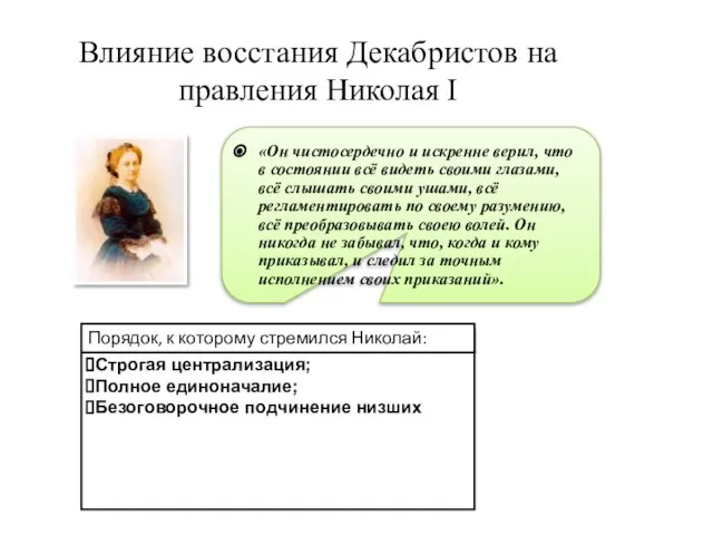 Влияние восстания Декабристов на правления Николая I «Он чистосердечно и искренне верил,