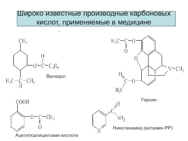 Широко известные производные карбоновых кислот, применяемые в медицине Валидол Ацетилсалициловая кислота Никотинамид (витамин РР) Героин