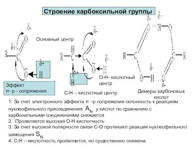 Строение карбоксильной группы Основный центр О-Н- кислотный центр С-Н – кислотный центр