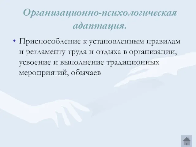 Организационно-психологическая адаптация. Приспособление к установленным правилам и регламенту труда и отдыха в