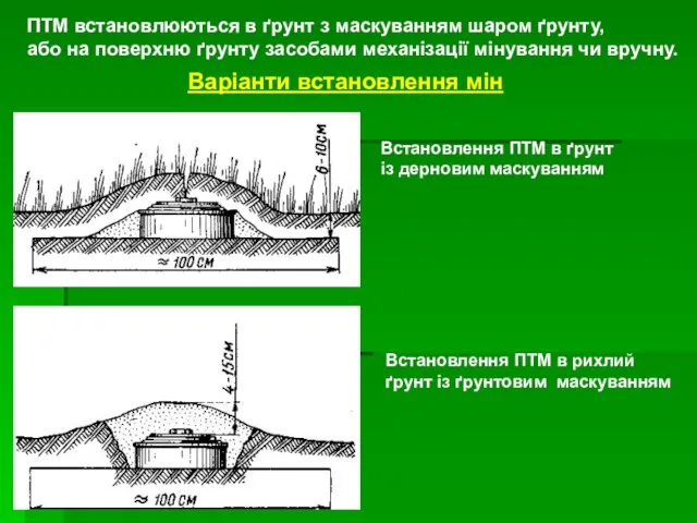 ПТМ встановлюються в ґрунт з маскуванням шаром ґрунту, або на поверхню ґрунту