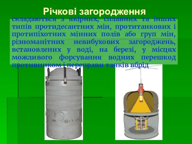 складаються з якірних, сплавних та інших типів протидесантних мін, протитанкових і протипіхотних