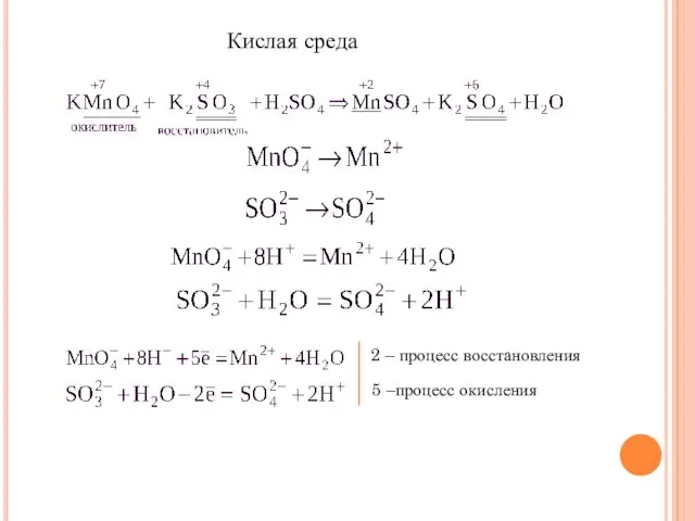 Кислая среда 2 – процесс восстановления 5 –процесс окисления