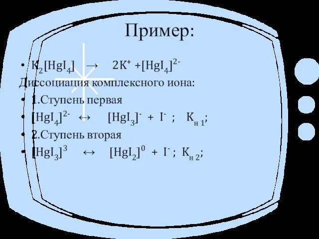 Пример: K2[HgI4] → 2K+ +[HgI4]2- Диссоциация комплексного иона: 1.Ступень первая [HgI4]2- ↔