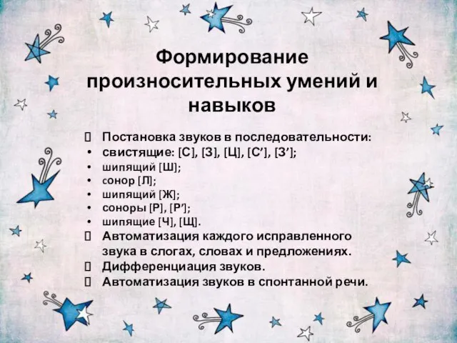 Формирование произносительных умений и навыков Постановка звуков в последовательности: свистящие: [С], [З],