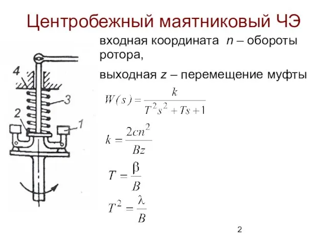 Центробежный маятниковый ЧЭ входная координата n – обороты ротора, выходная z – перемещение муфты