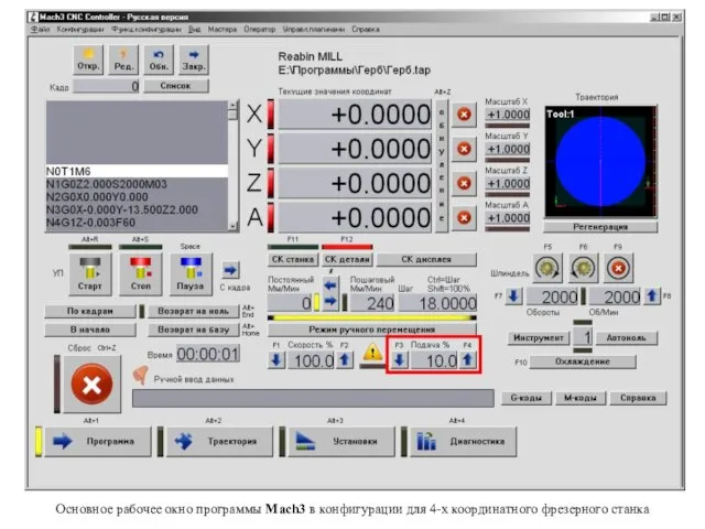 Основное рабочее окно программы Mach3 в конфигурации для 4-х координатного фрезерного станка