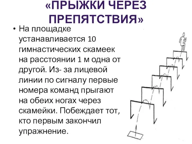 «ПРЫЖКИ ЧЕРЕЗ ПРЕПЯТСТВИЯ» На площадке устанавливается 10 гимнастических скамеек на расстоянии 1