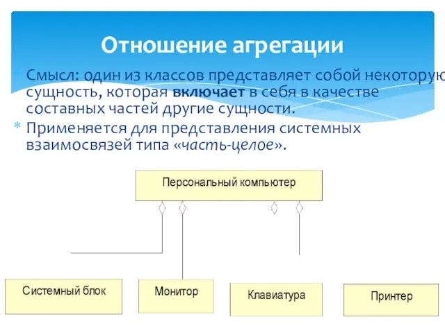 Отношение агрегации Смысл: один из классов представляет собой некоторую сущность, которая включает