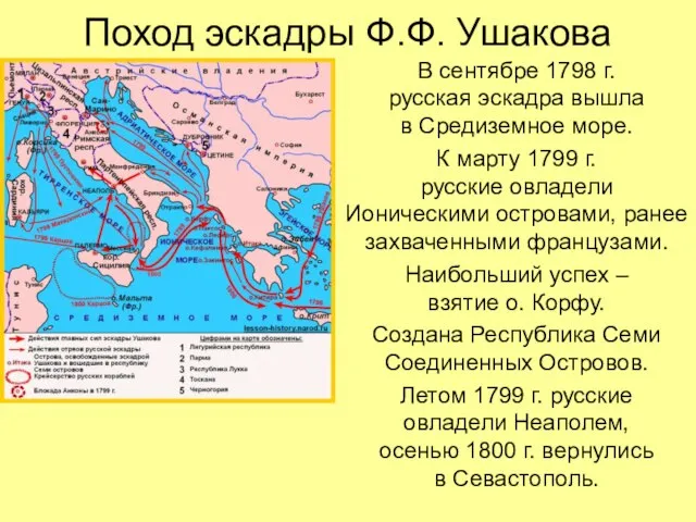Поход эскадры Ф.Ф. Ушакова В сентябре 1798 г. русская эскадра вышла в