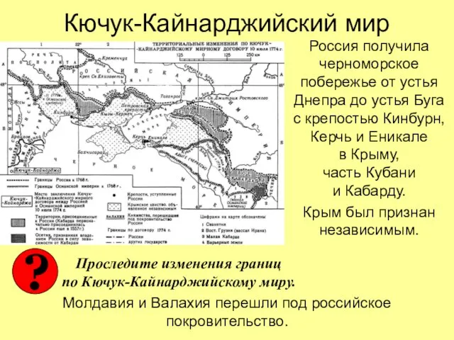 Кючук-Кайнарджийский мир Россия получила черноморское побережье от устья Днепра до устья Буга