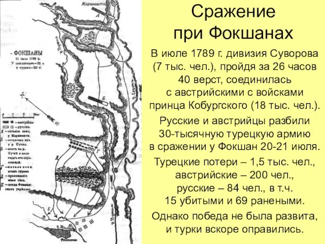 Сражение при Фокшанах В июле 1789 г. дивизия Суворова (7 тыс. чел.),