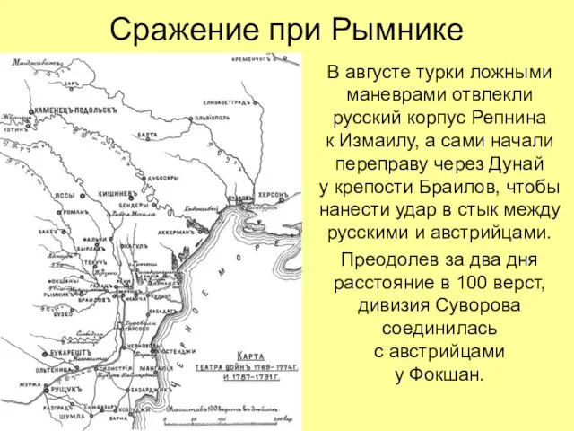 Сражение при Рымнике В августе турки ложными маневрами отвлекли русский корпус Репнина