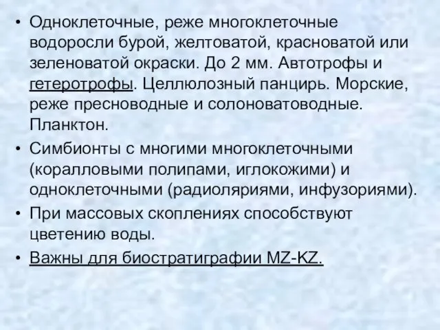 Одноклеточные, реже многоклеточные водоросли бурой, желтоватой, красноватой или зеленоватой окраски. До 2