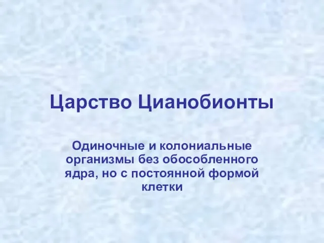 Царство Цианобионты Одиночные и колониальные организмы без обособленного ядра, но с постоянной формой клетки