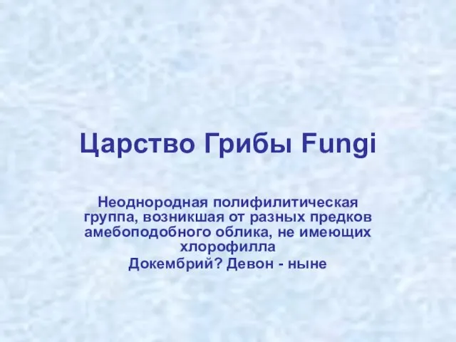 Царство Грибы Fungi Неоднородная полифилитическая группа, возникшая от разных предков амебоподобного облика,