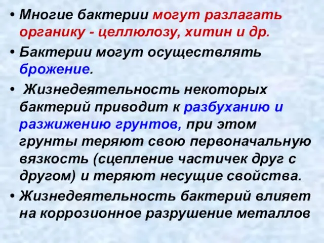 Многие бактерии могут разлагать органику - целлюлозу, хитин и др. Бактерии могут